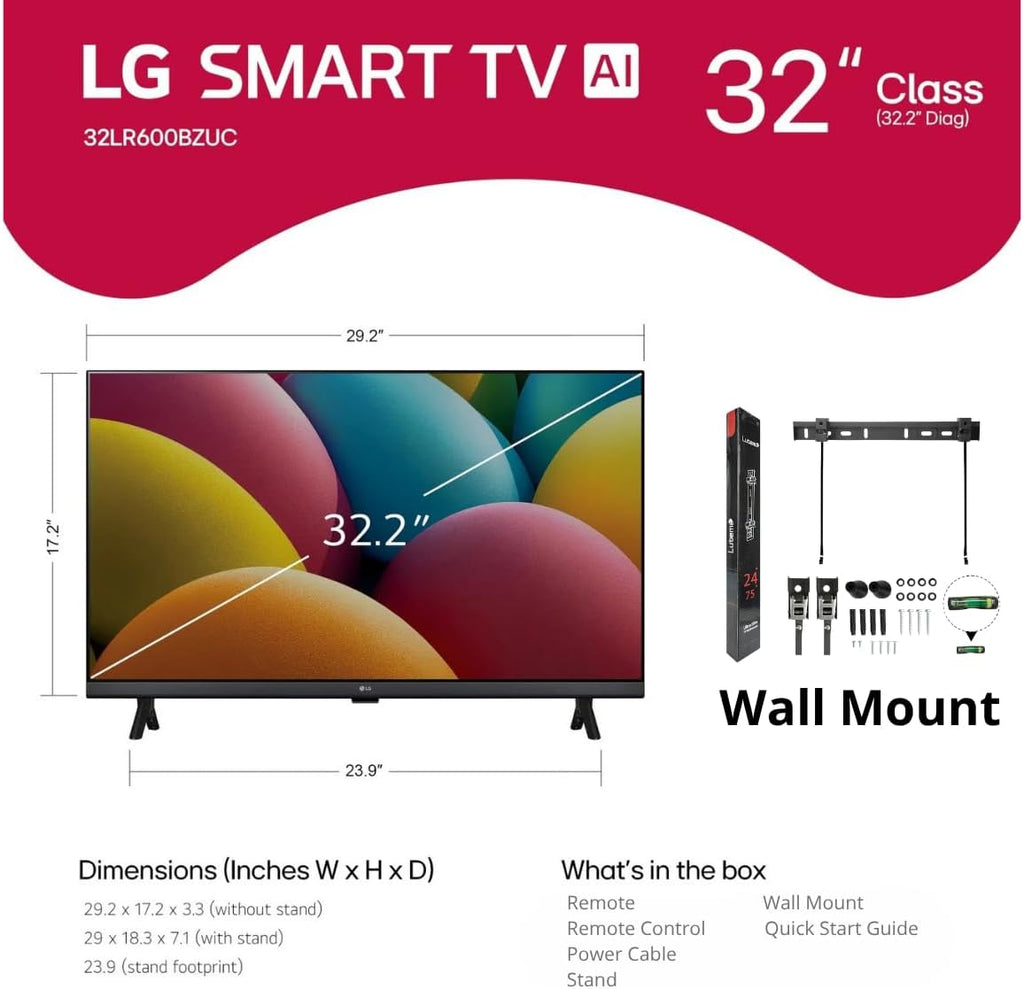 LG 32' inch Smart TV (2025) LR600 32' Class HD HDR10 LR60 Series webOS 23 Bluetooth α5 AI Processor Gen6 + Wall Mount (Renewed)