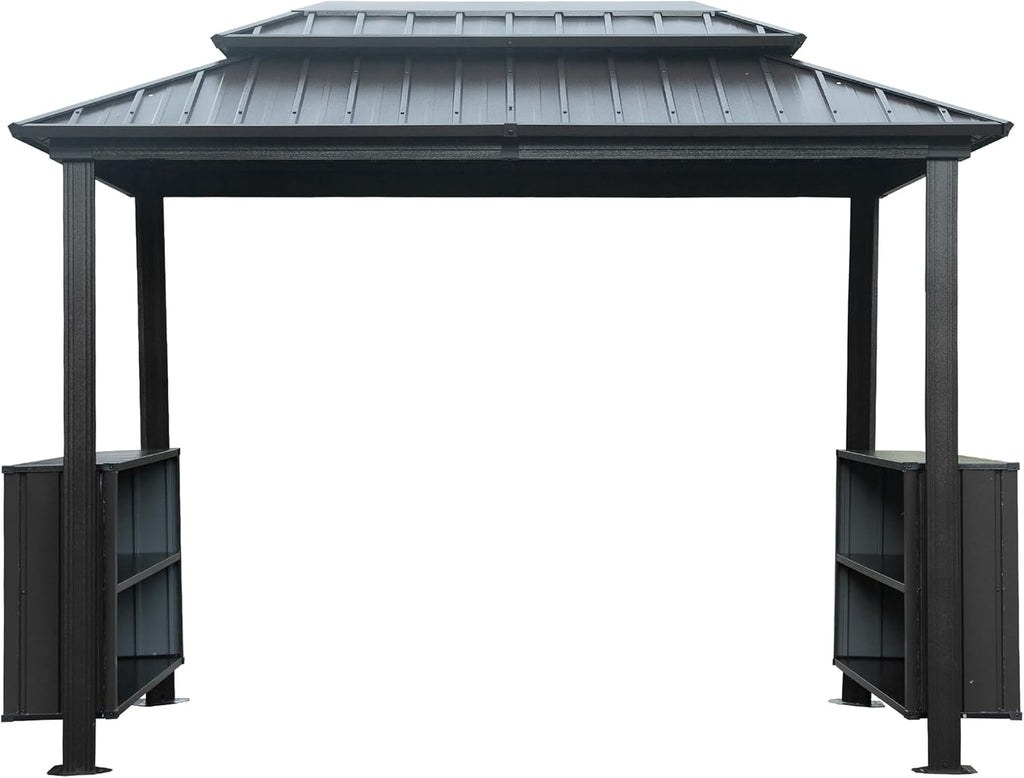 Aluminum Grill Gazebo with Double Roof & Shelves - Permanent Hardtop BBQ Shelter for Patio, Deck, Backyard, Outdoor Cooking,Flame (Gray, 6'x10' Classic Roof)