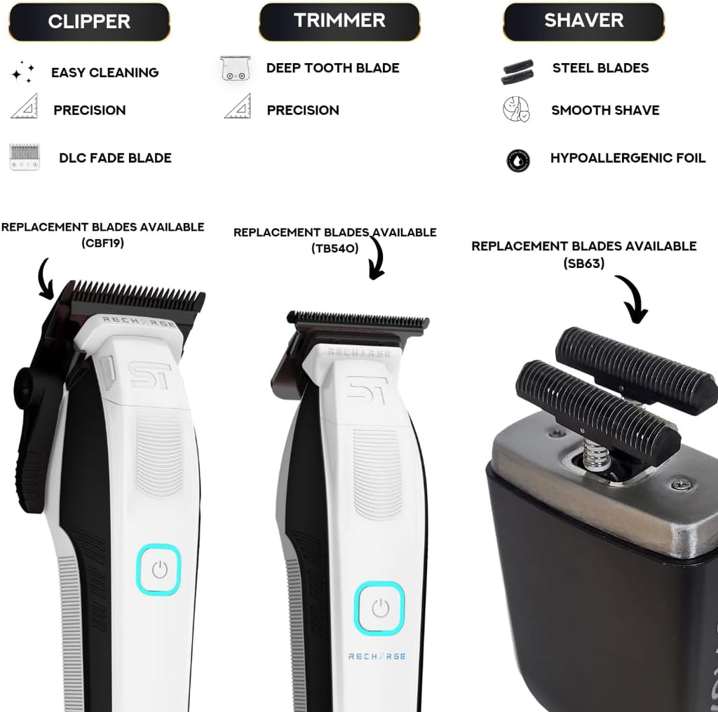 Supreme Trimmer 3-in-1 Recharge Hair Clipper, Beard Trimmer & Crunch Foil Shaver Combo | Removable Batteries, Smart USB Charging Base, Master Barber Set | STB775 + STF602