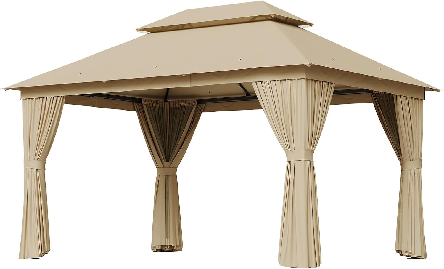 10' x 13' Khaki Large Pillar Double Roof Fabric Top Gazebo, Outdoor Patio Canopy with Curtains for Backyard, Garden, Lawn, and Events