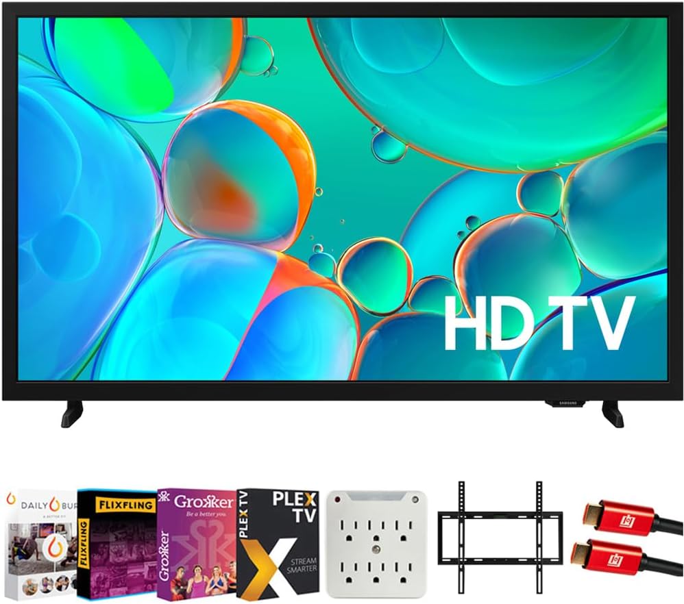 Samsung 32 inch HD H5000F 720P Smart TV (2025) Bundle with Premiere Movies Streaming + 19-45 Inch TV Wall Mount + 6-Outlet Surge Adapter + 2X HDMI Cable & Complete Home Theater Beginner's Guidebook