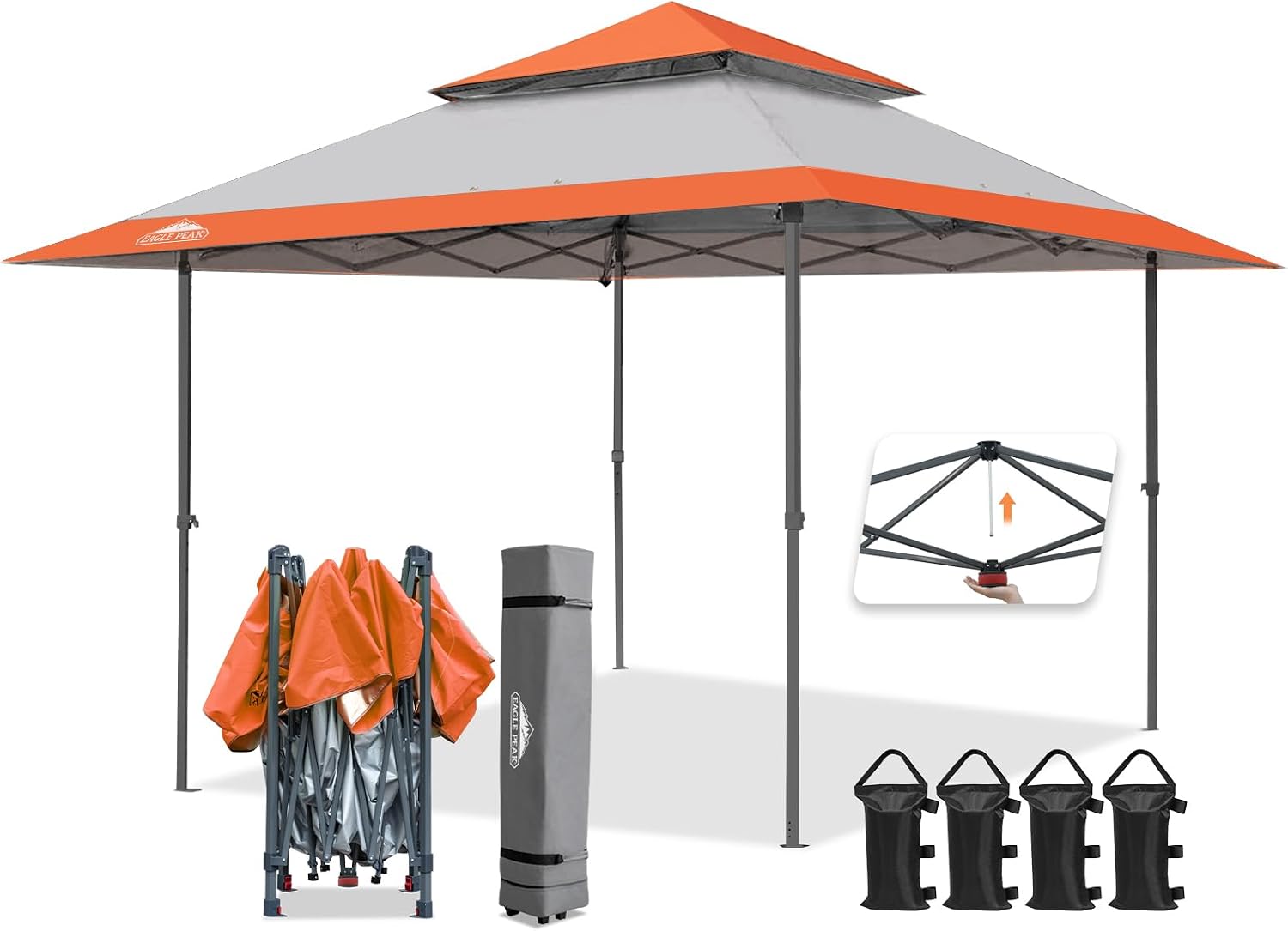 EAGLE PEAK 13x13 Straight Leg Pop Up Canopy Tent Instant Outdoor Canopy Easy Single Person Set up Folding Shelter w/Auto Extending Eaves 169 Square Feet of Shade (Orange)