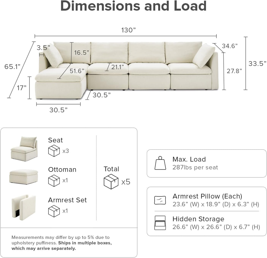 mopio Oversized Modular Sectional Sofa with Fully Removable Covers and Storage, Convertible U, L-Shaped and Sleeper Sectional, Modern Couches with Ottoman Chaise (Oat Fabric, 5 Seats, L)