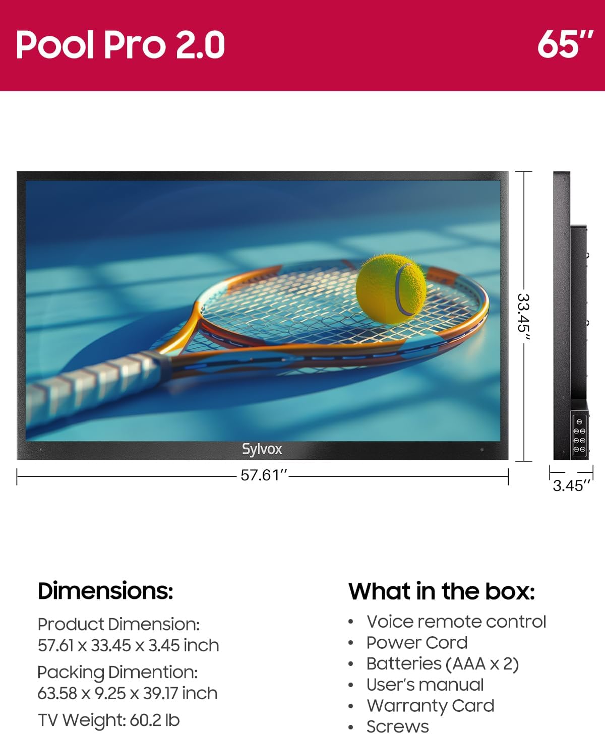 SYLVOX Outdoor TV, 65-Inch Waterproof Smart TV, 2000 nits Full Sun TV, 4K, Dolby Atmos, HDR10, Weatherproof Television with Voice Assistant Remote (Pool Pro 3.0, Latest Model)