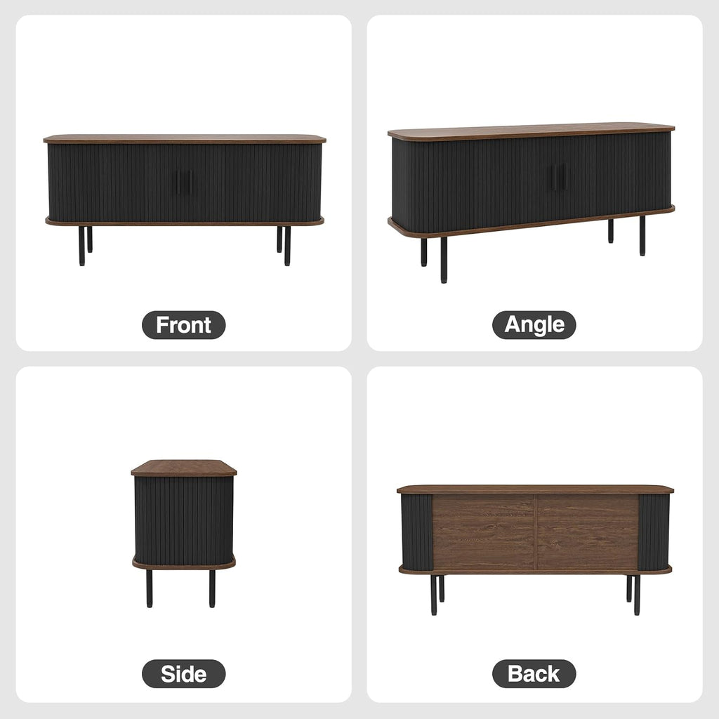 47' Modern Fluted TV Stand for TVs up to 60 Inch , Gaming Entertainment Center with Tambour Slatted Sliding Doors and Storage Cabinet, Media TV Consoles Table for Living Room, Office, Black