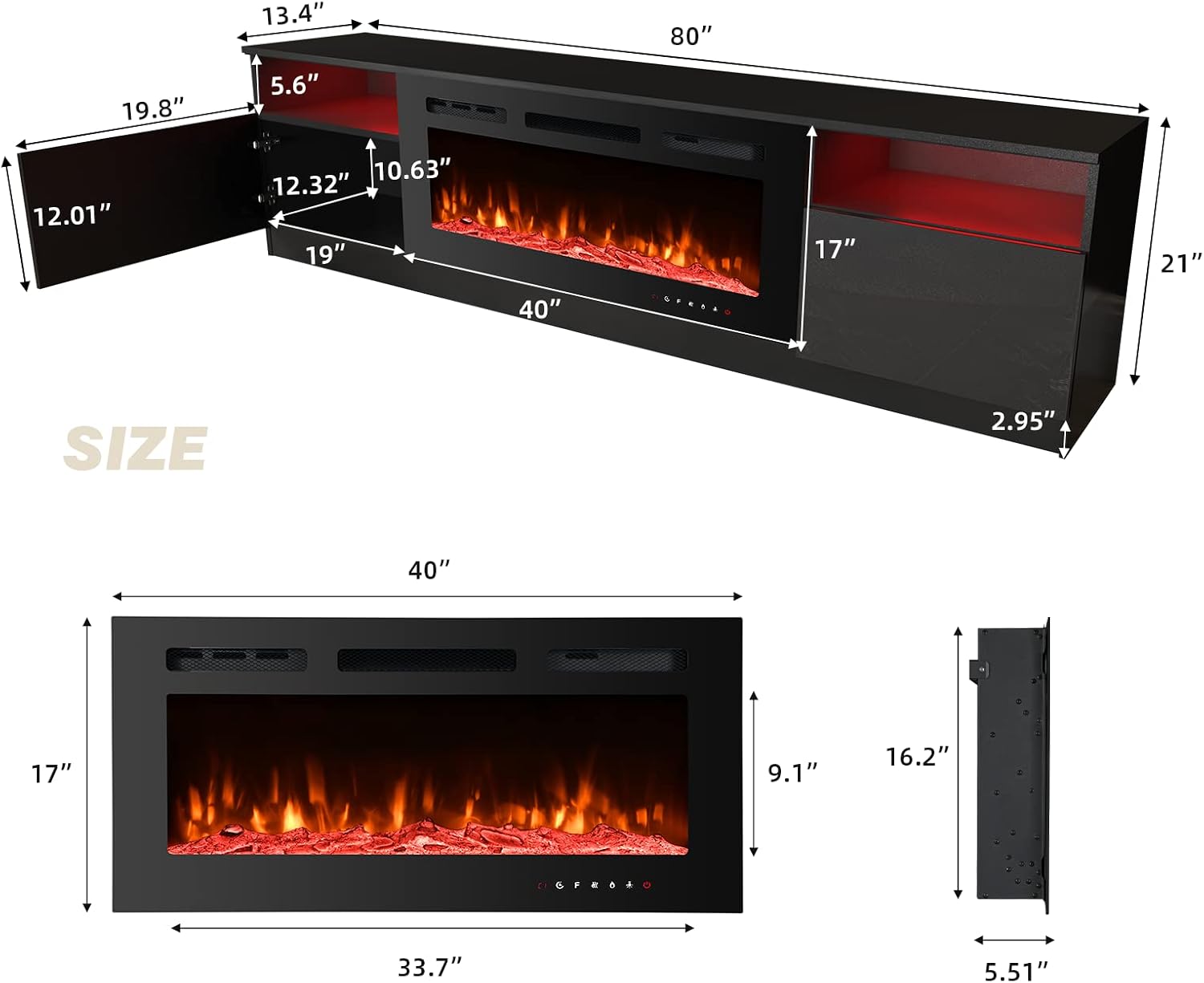 EROMMY 80'' Fireplace TV Stand with 40'' Electric Fireplace, Entertainment Center with 16 Color Led Lights and 12 Flame Fireplace Insert Heater, TV Console for TVs up to 90'' for Living Room, Black