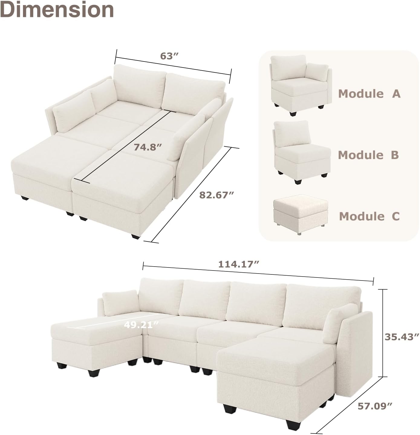 114.17' Modular Sectional Sofa, 6 Seat Sectional Couches with Storage, Memory Foam, Convertible Modular Couch for Living Room, U Shaped Comfy Modular Sofa with Chaise, Beige