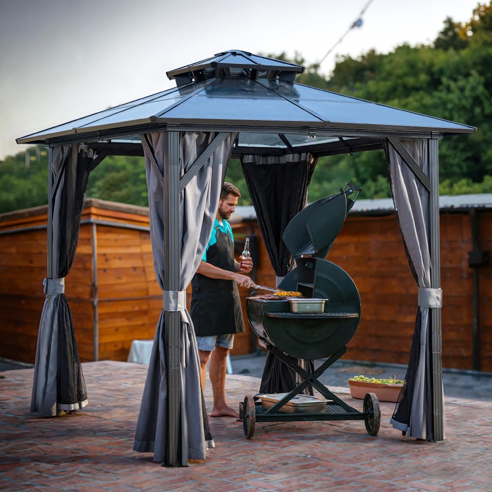 Outdoor Grill Gazebo 8x8FT, Hardtop BBQ Shelter with UV-Resistant Polycarbonate Roof & Storage Hooks for Patio, Lawn, and Garden