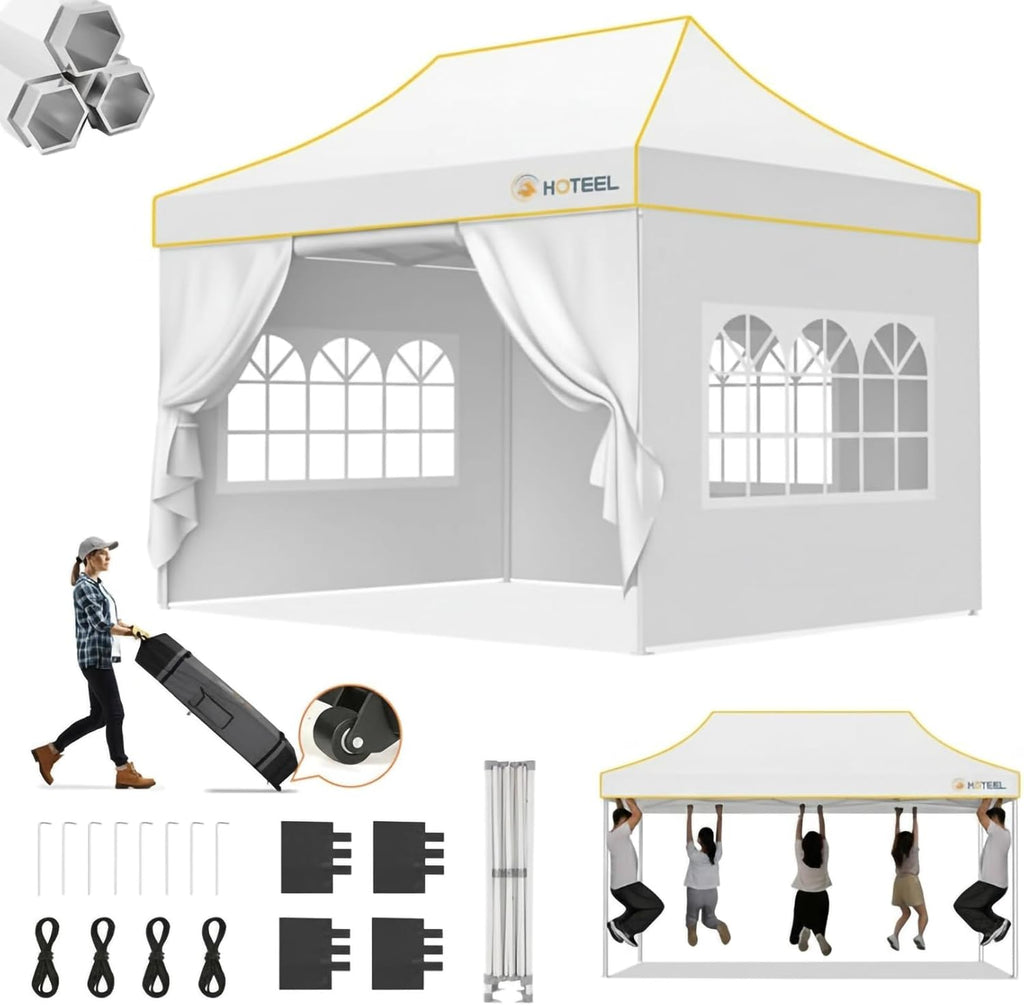Hoteel 10x15 Pop Up Canopy Tent Heavy Duty with 4 Sidewalls, Waterproof Party Tent, Easy Set-up Commercial Instant Tents with Roller Bag & Sandbags, Hexagonal Leg (1-Year Warranty)