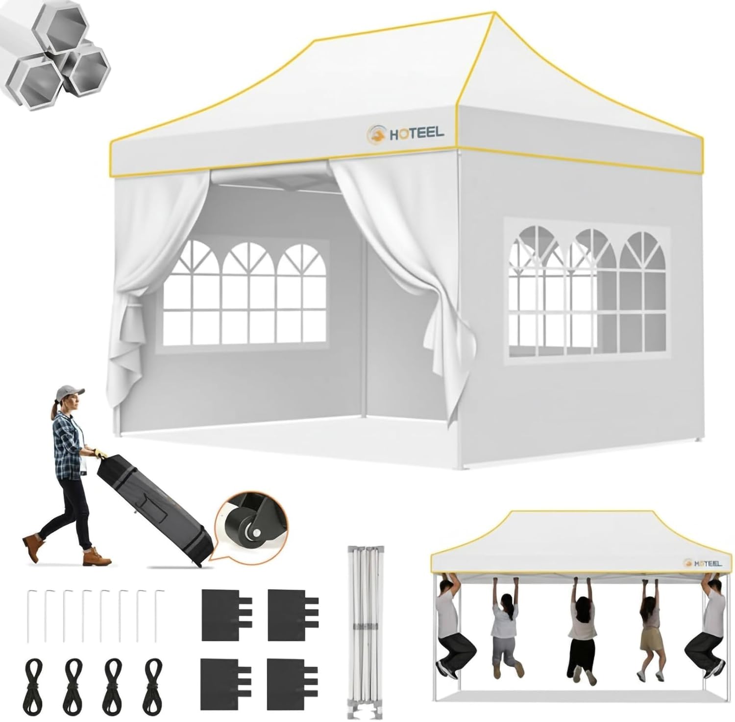 Hoteel 10x15 Pop Up Canopy Tent Heavy Duty with 4 Sidewalls, Waterproof Party Tent, Easy Set-up Commercial Instant Tents with Roller Bag & Sandbags, Hexagonal Leg (1-Year Warranty)
