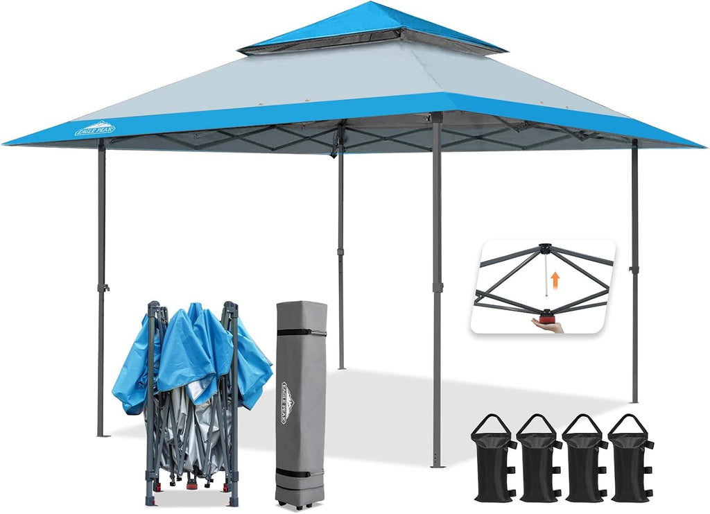 EAGLE PEAK 13x13 Straight Leg Pop Up Canopy Tent Instant Outdoor Canopy Easy Single Person Set up Folding Shelter w/Auto Extending Eaves 169 Square Feet of Shade (Light Blue)