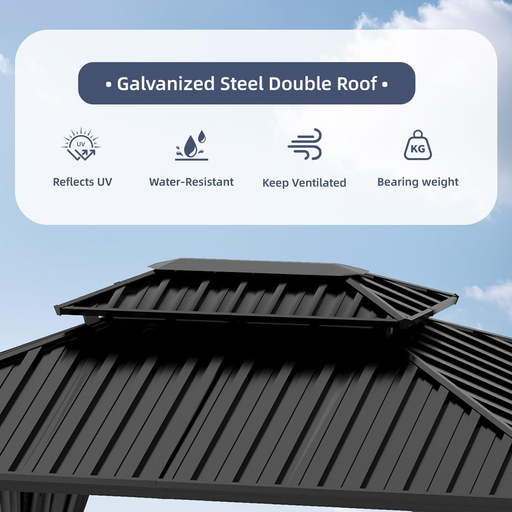 10'x12' Hardtop Gazebo, Double Galvanized Steel Roof with Sturdy Aluminum Frame, Outdoor Pavilion with Mosquito Netting and Privacy Curtains for Patio, Deck, and Backyard