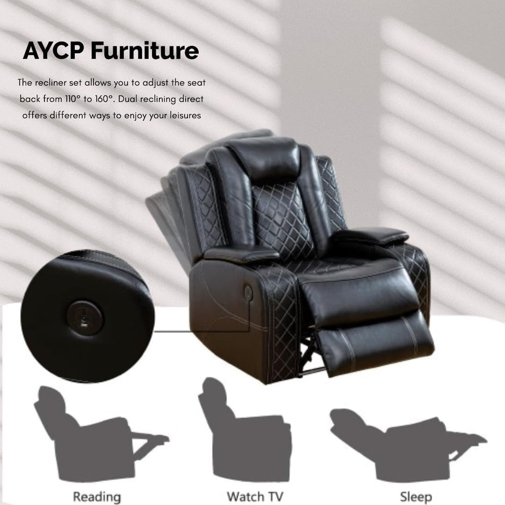 Power Recliner Set with LED Lights, Air Leather Reclining Set with USB Port/Wireless Charger/Storage Console/Cup Holder for House/HomeTheater/Apt (Black, Sofa+2Chairs)
