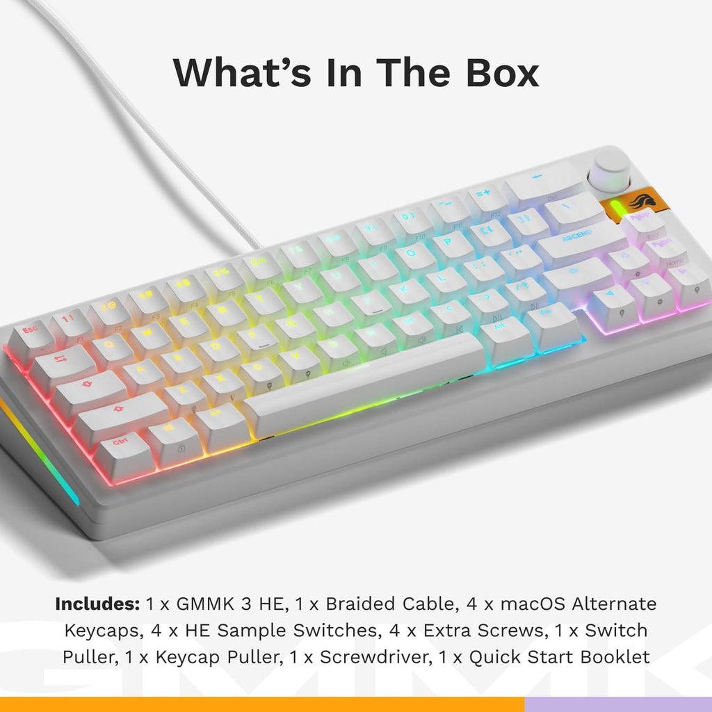 Glorious Gaming - GMMK 3 HE Rapid Trigger Keyboard, Hall Effect, 8K Polling Rate, MX Mechanical & Magnetic Switches, Hotswappable 65% Keyboard, Modular Gasket System, Doubleshot PBT keycaps (White)