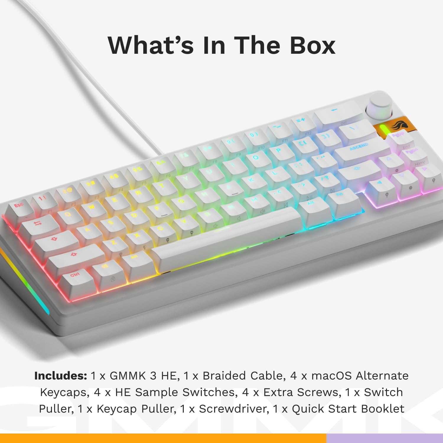 Glorious Gaming - GMMK 3 HE Rapid Trigger Keyboard, Hall Effect, 8K Polling Rate, MX Mechanical & Magnetic Switches, Hotswappable 65% Keyboard, Modular Gasket System, Doubleshot PBT keycaps (White)