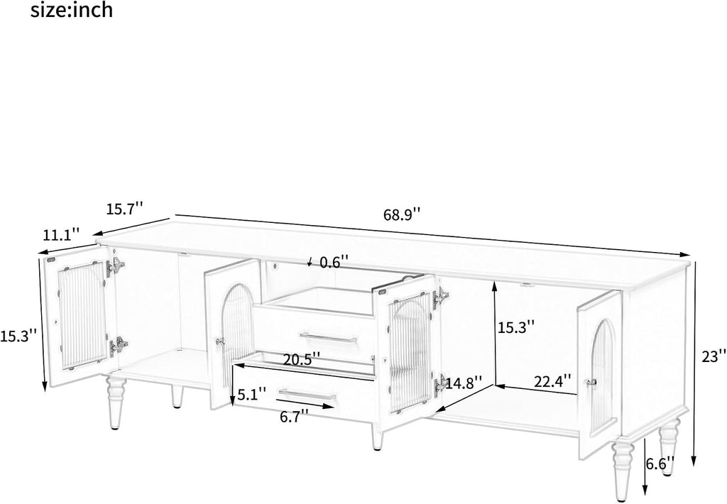 Retro TV Stand for TVs up to 75 Inches, Entertainment Center Media Console with Fluted Glass Doors and Five Solid Wood Legs for Living Room