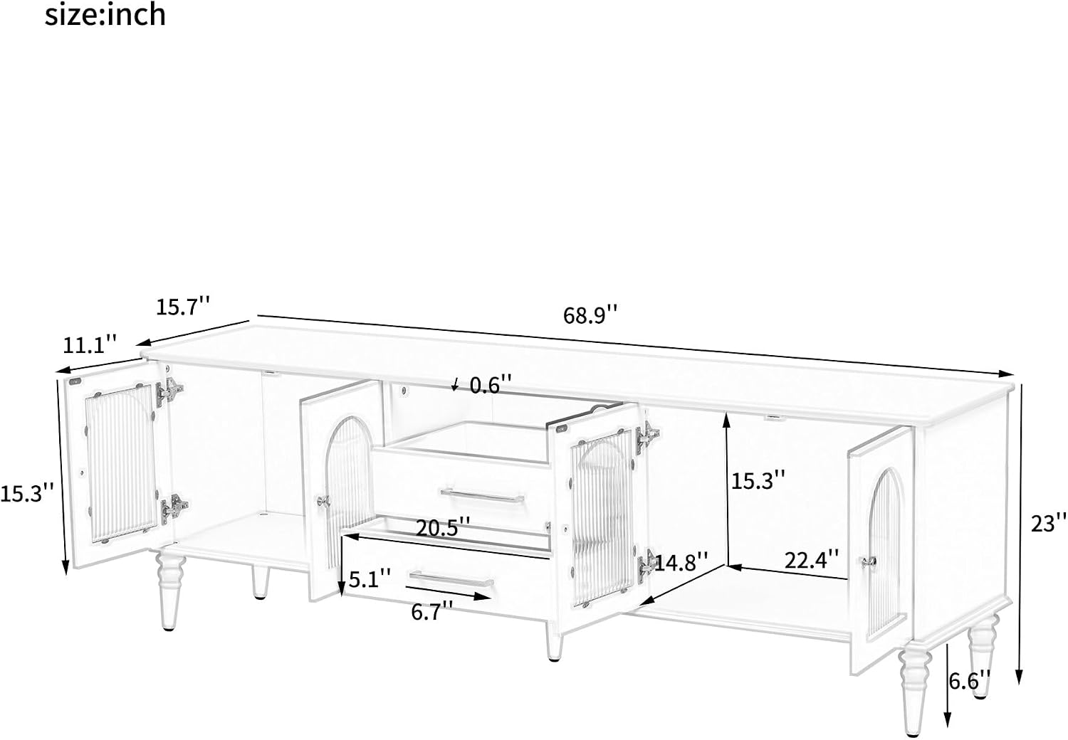 Retro TV Stand for TVs up to 75 Inches, Entertainment Center Media Console with Fluted Glass Doors and Five Solid Wood Legs for Living Room