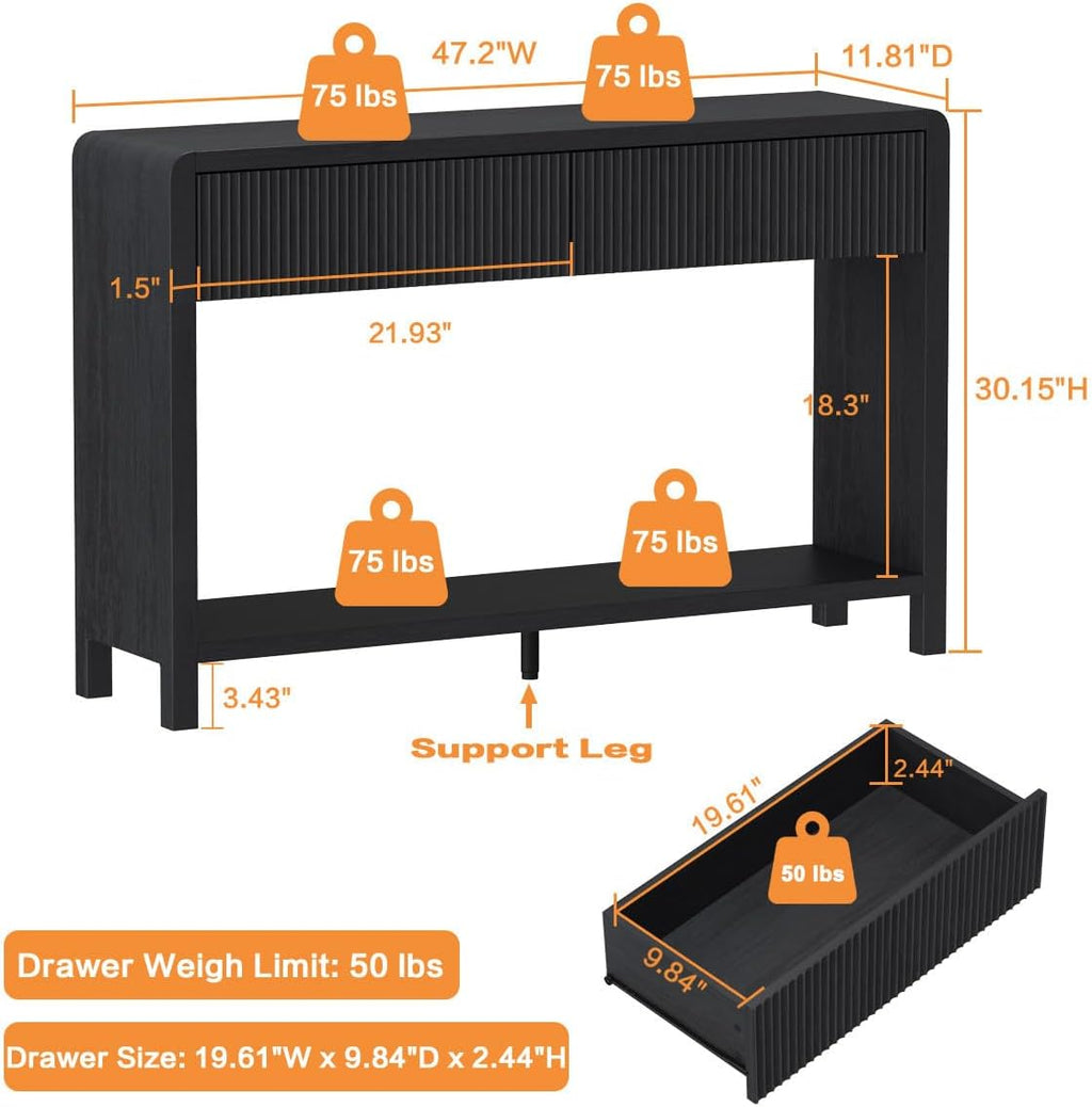 FATORRI Console Table for Entryway, Modern Sofa Table with 2 Drawers for Living Room, Wood Hallway Tables and Couch Tables Behind Sofa (47.2 inch, Black)