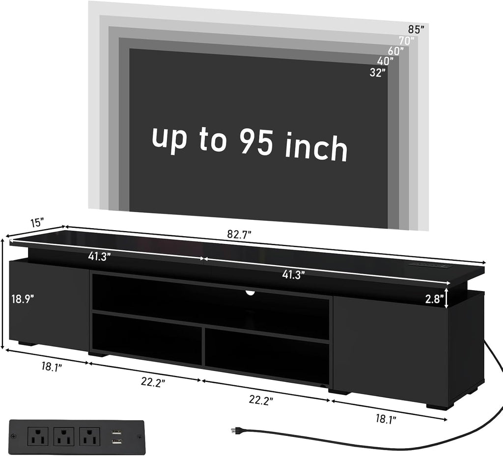 Hlivelood LED TV Stand for 95 Inch TV, Modern TV Stand with Power Outlet, High Gloss TV Console Entertainment Center with Storage and LED Lights for Living Room, Bedroom (83 Inch, Black)