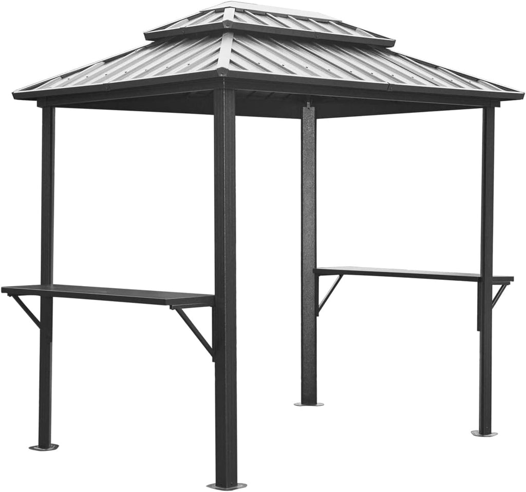 8'X6' Grill Gazebo Hardtop, Steel Grill Gazebo with Two Shelves Serving Tables, Permanent Double Roof Hard Top Gazebo, Heavy Duty Aluminum BBQ Gazebo for Patio, Deck, Backyard and Garden (Grey)