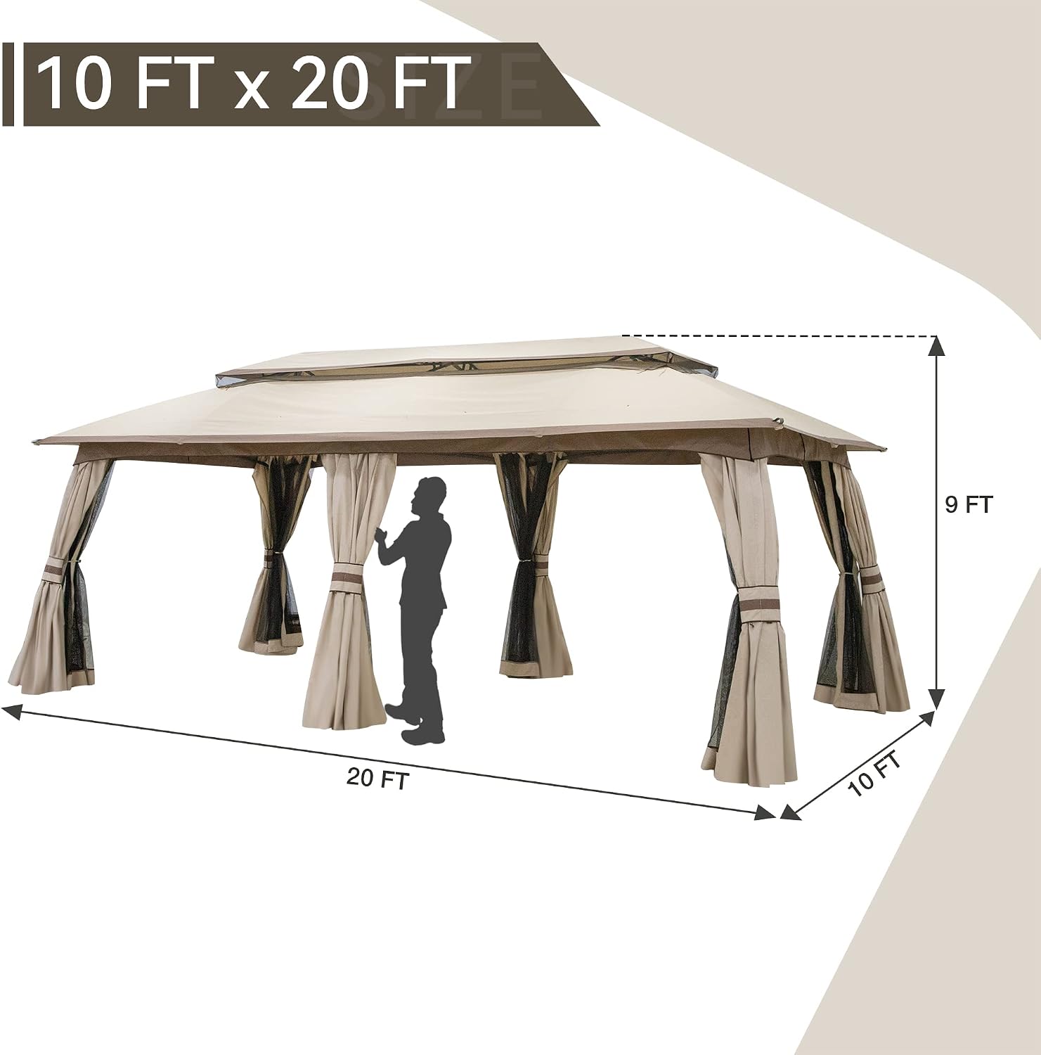 Outdoor Patio Gazebo 10'x20', CPAI-84 Heavy Duty Party Tent & Shelter with Double Roofs, Mosquito Netting and Privacy Curtains for Backyard, Garden, Lawn, Beige