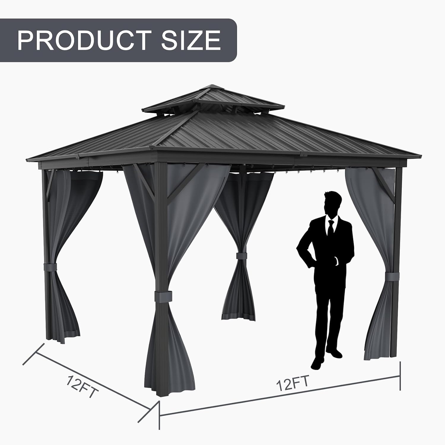 GarveeLife 12x12 ft Hardtop Gazebo, Galvanized Steel Metal Double Roof Aluminum Gazebo with Curtain and Netting, Brown Permanent Pavilion Double Roof Canopy for Patio, Lawn & Garden (12 * 12 ft)