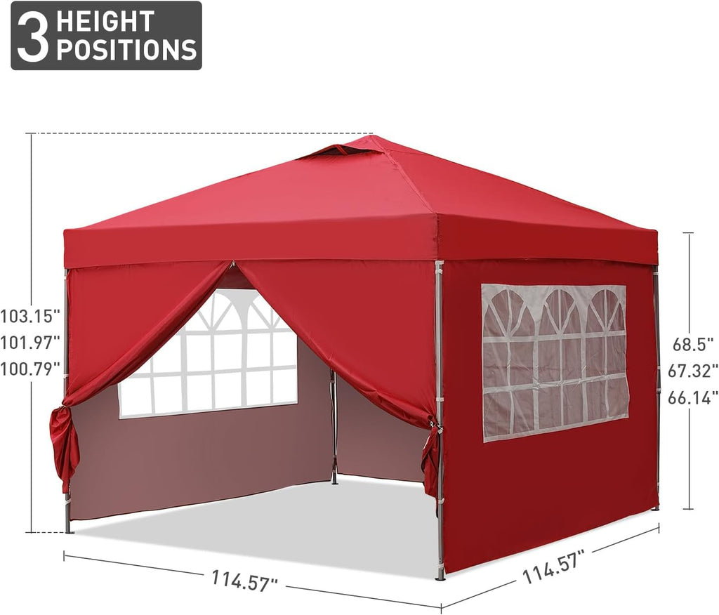 GDY 10x10ft Pop Up Canopy Tent with Sidewalls, Outdoor Canopy Tent, Beach Tent, Easy Set up Gazebo for Events, Parties, Camping, Red.