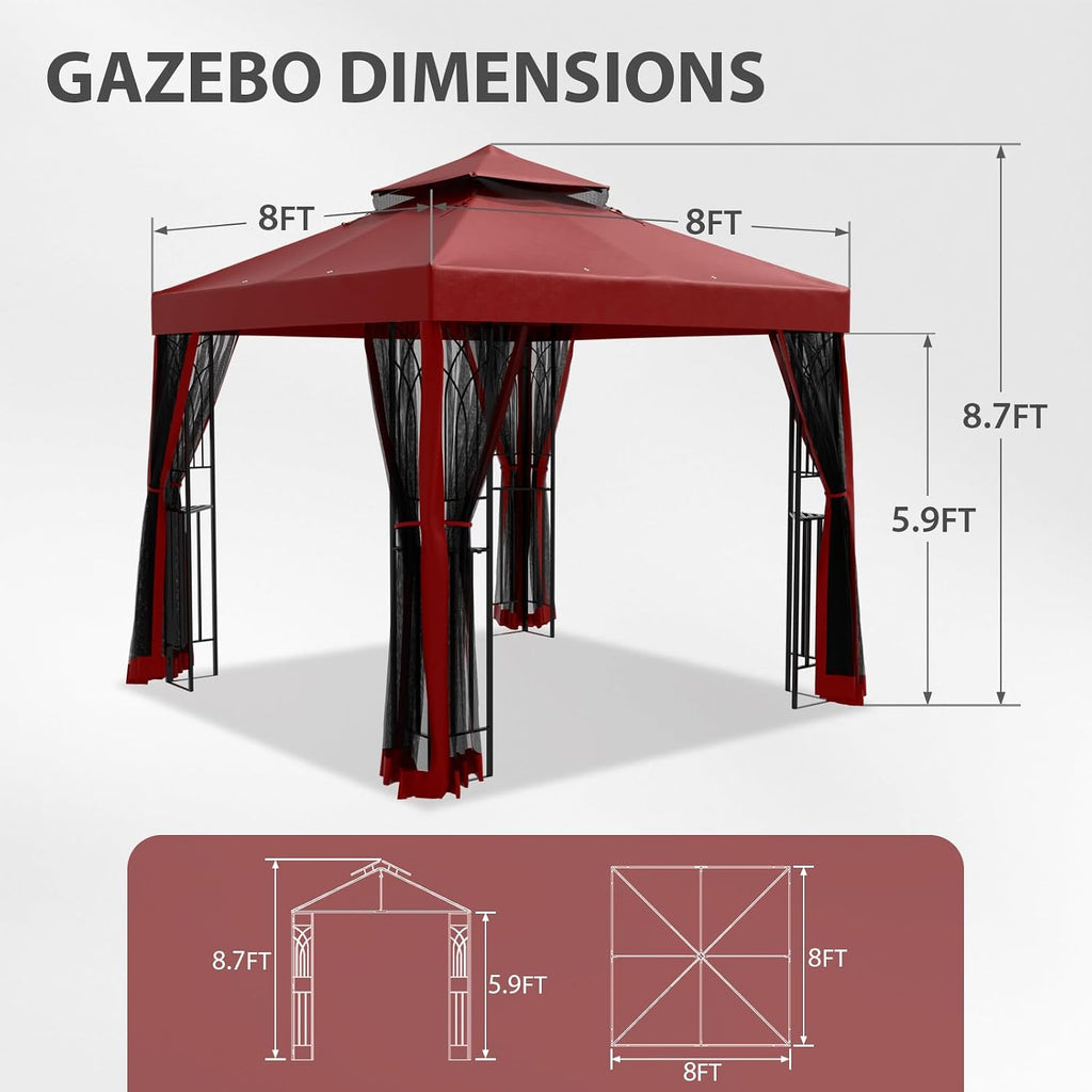 EAGLE PEAK 8x8 Patio Gazebo with Mesh Netting, Double Roof Outdoor Pavilion with Corner Shelves for Lawn, Deck, Garden and Backyard, Red