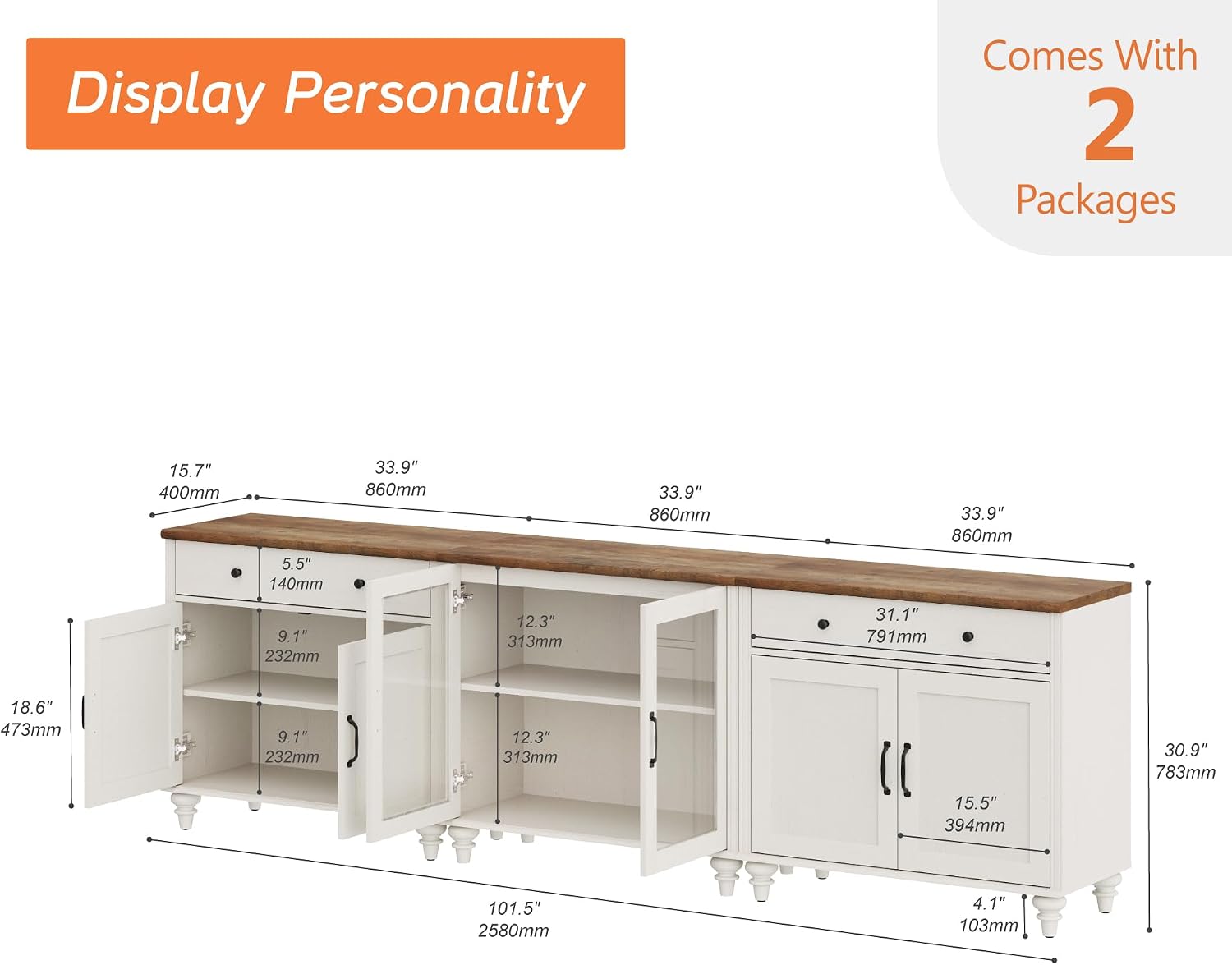 WAMPAT Farmhouse TV Stand for 100 Inch TV, 3-in-1 Wooden TV Console Table for 75/80/85/90 Inch TV, Entertainment Center with Glass Door, Kitchen Sideboard Buffet Cabinet for Dining Room, Off White