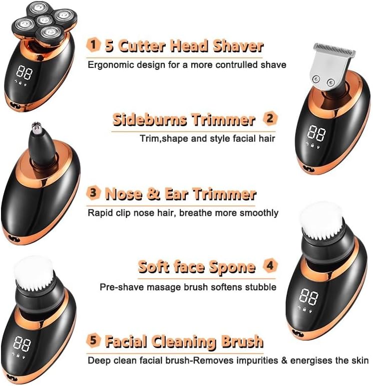 Head Shaver for Men, 5 in 1 Electric Shaver for Men Beard Hair Trimmer Electric Razor 5D Floating 5 Blade Heads Electric Nose Hair Trimmer LCD Display (Color : Silver-Package A)