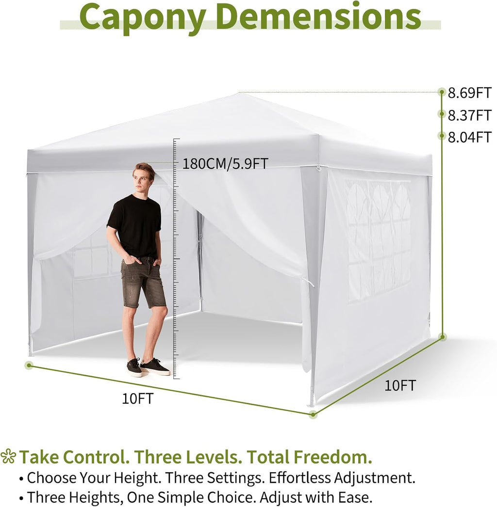 10x10 Pop Up Canopy with 4 Sidewalls, Outdoor Portable Instant Canopy Tent, Waterproof Pop Up Tent, Versatile Gazebo for Camping, Outdoor Parties, Backyard,Beach Activities,White