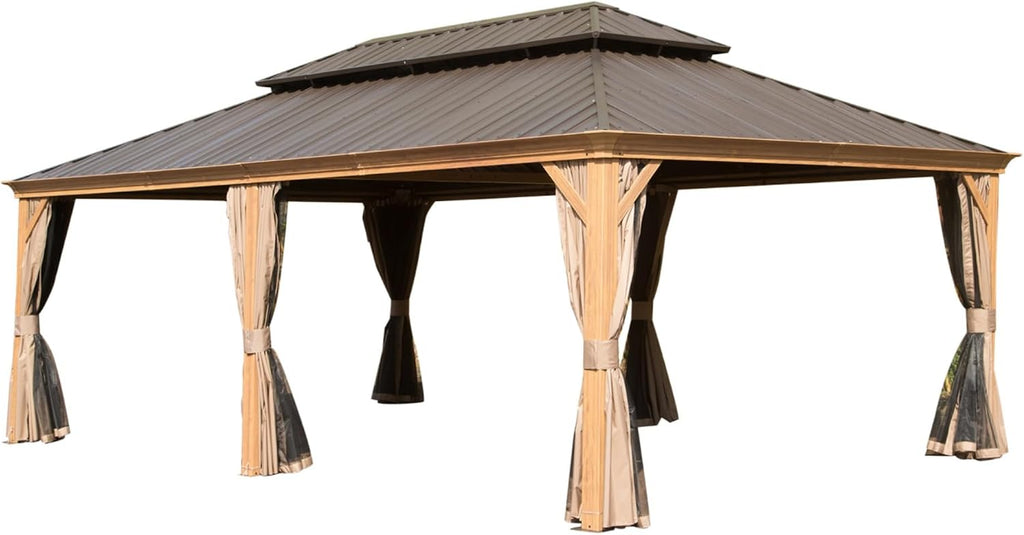 14x24FT Hardtop Gazebo, Outdoor Gazebo with Galvanized Steel Double Roof, Aluminum e, Built in Gutter System, Curtain and Netting, Metal Gazebo Pavilion for Patio Deck Garden, Wood Looking