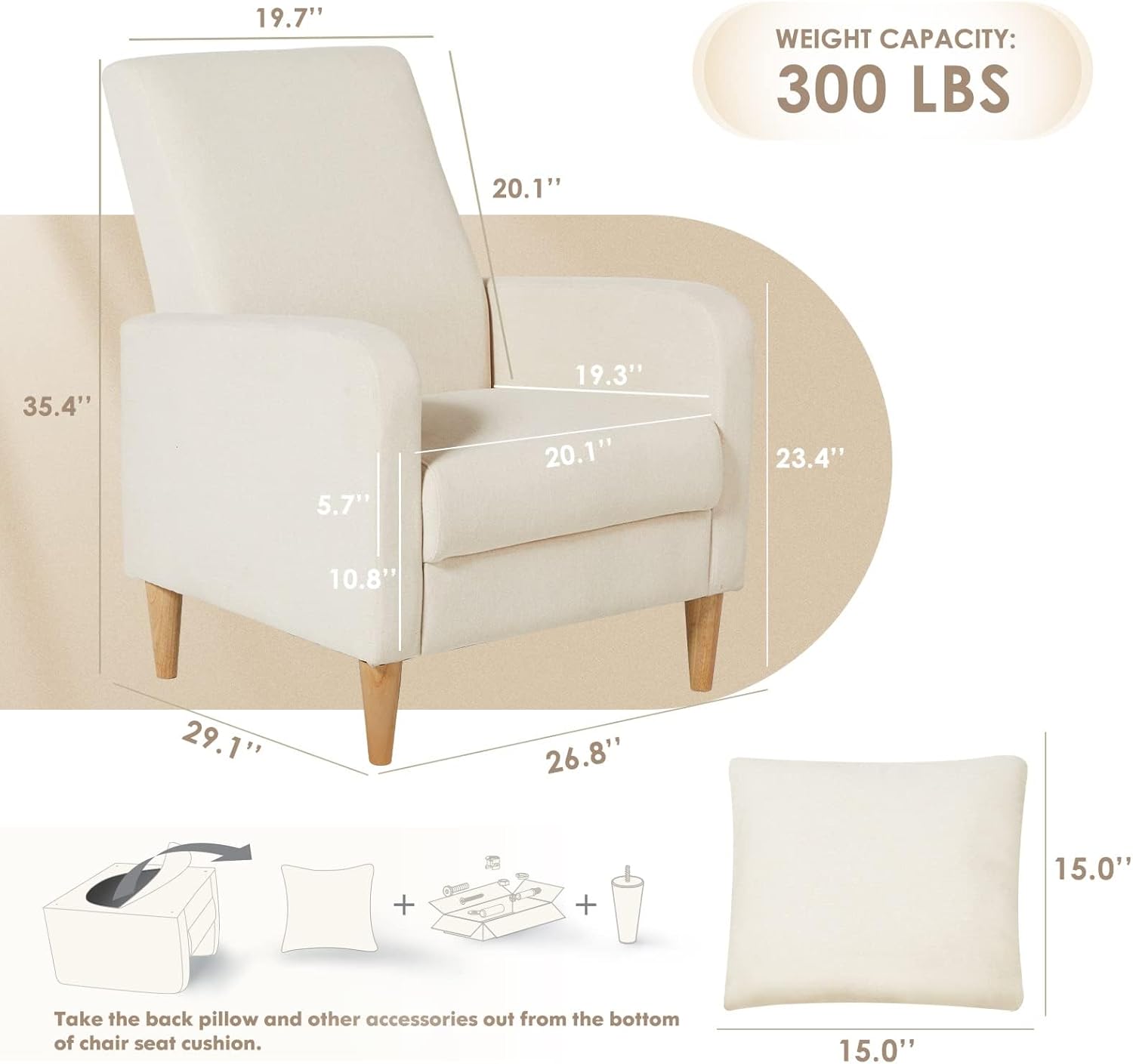 COLAMY Mid-Century Modern Upholstered Accent Chair with Back Pillow & Solid Wood Legs, Fabric Cozy Armchair for Living Room, Bedroom, Reading Nook, Apartment & Small Spaces, Beige