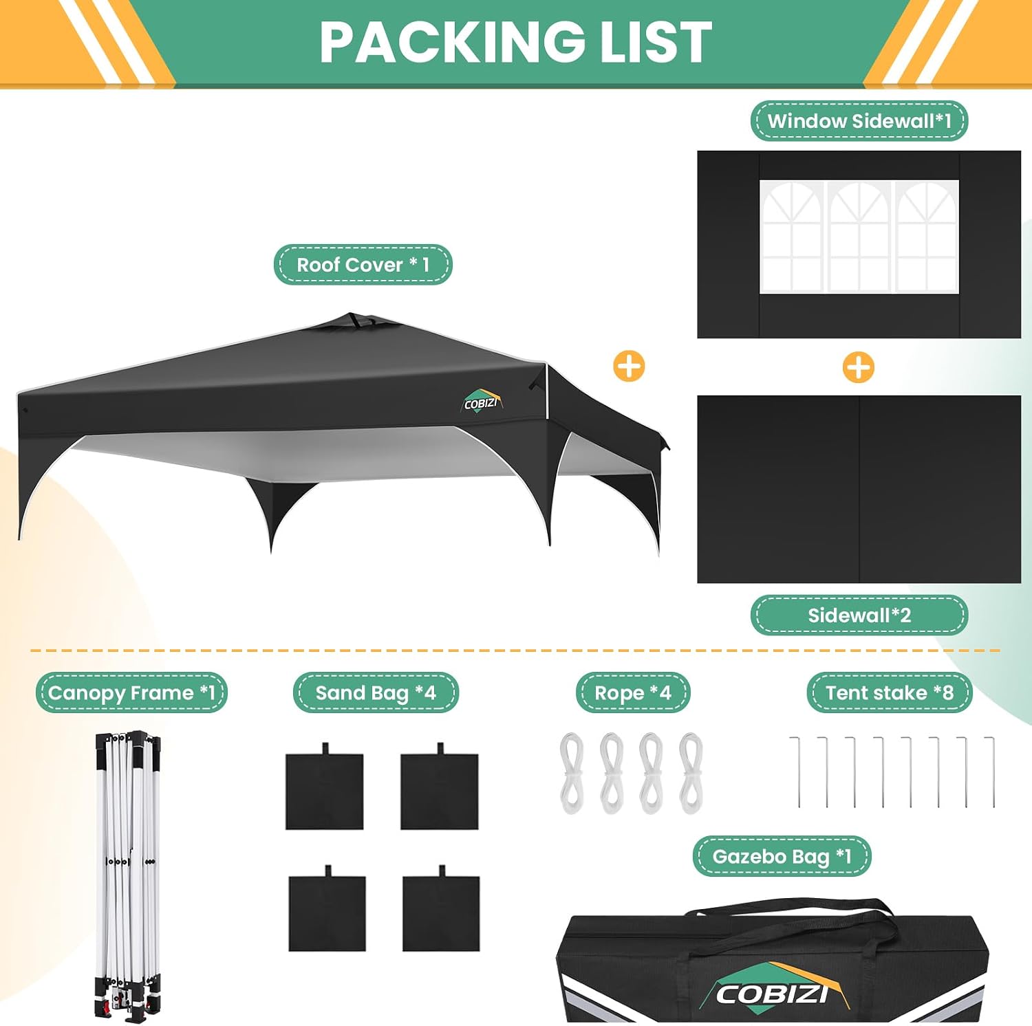 COBIZI 10x10 Pop Up Canopy Tent, Outdoor Party Tent with 3 Sidewalls, 1 Person Easy Set up, Tents for Parties with Fluorescent Strip & 4 Sandbags, Waterproof UPF50+, 3 Adjustable Height, Black