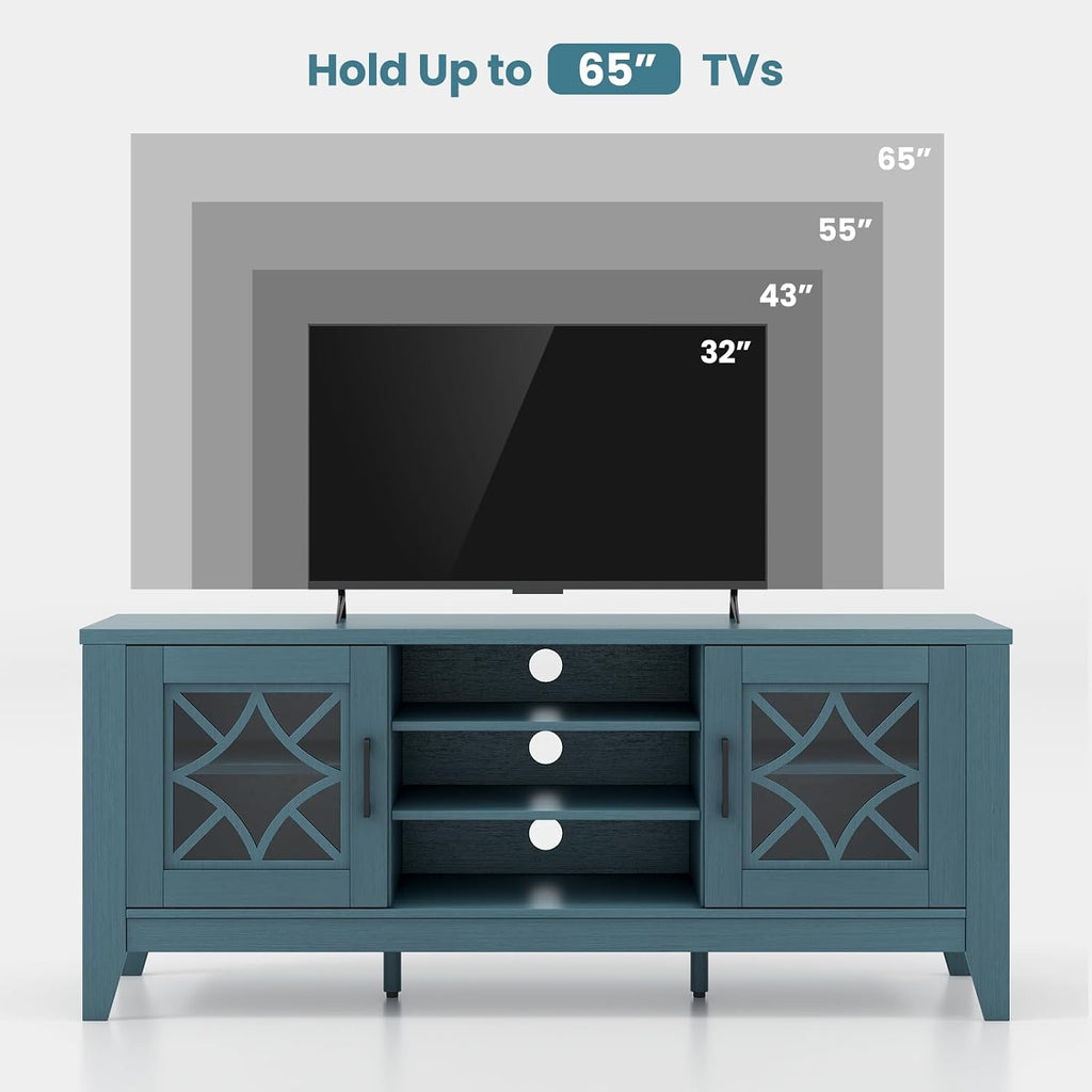 Tangkula Farmhouse TV Stand for TVs Up to 65-in, Classic Media Entertainment Center w/Glass Door Cabinets & 4 Adjustable Shelves, Modern TV Console Table w/ 3 Cable Holes for Living Room (Teal Blue)