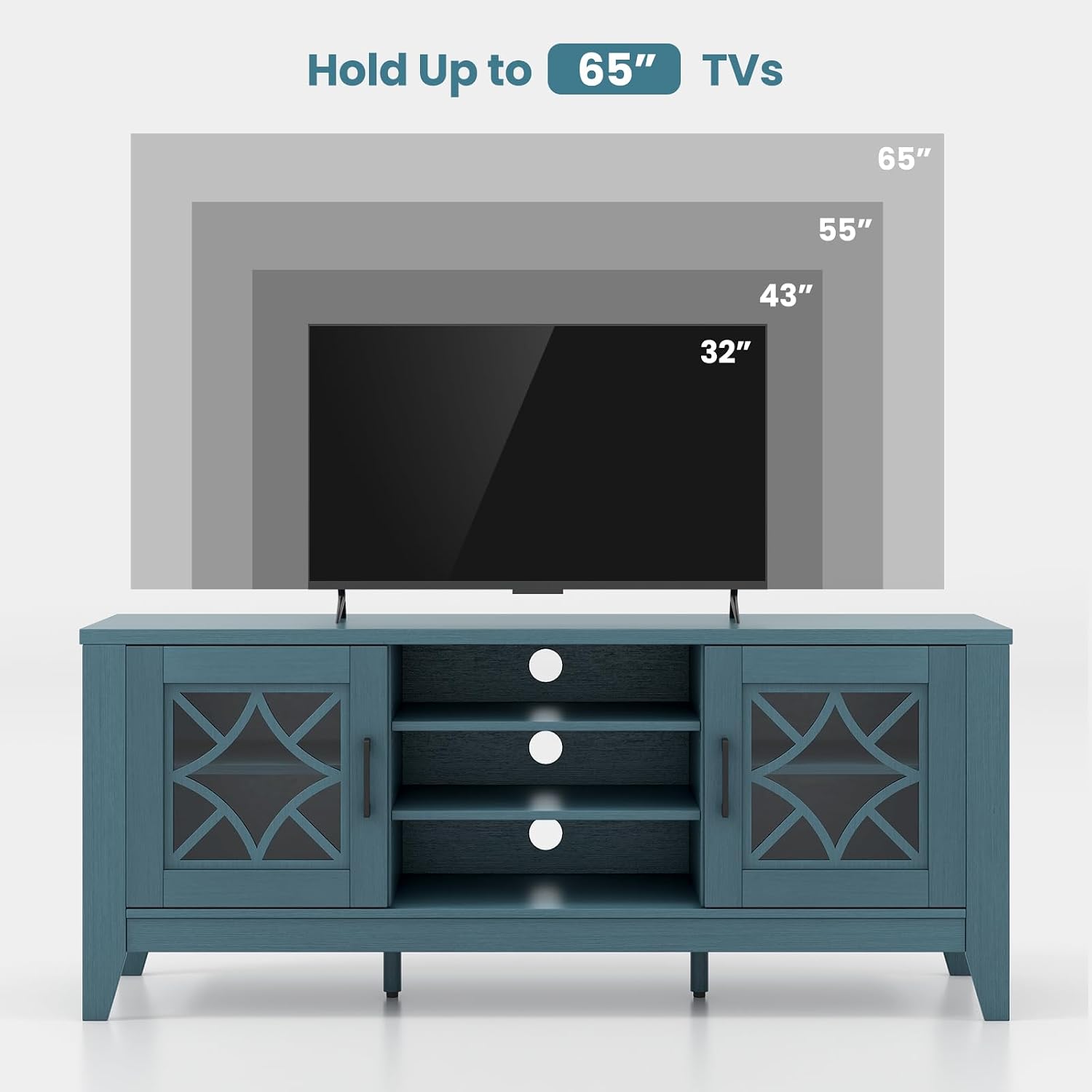 Tangkula Farmhouse TV Stand for TVs Up to 65-in, Classic Media Entertainment Center w/Glass Door Cabinets & 4 Adjustable Shelves, Modern TV Console Table w/ 3 Cable Holes for Living Room (Teal Blue)