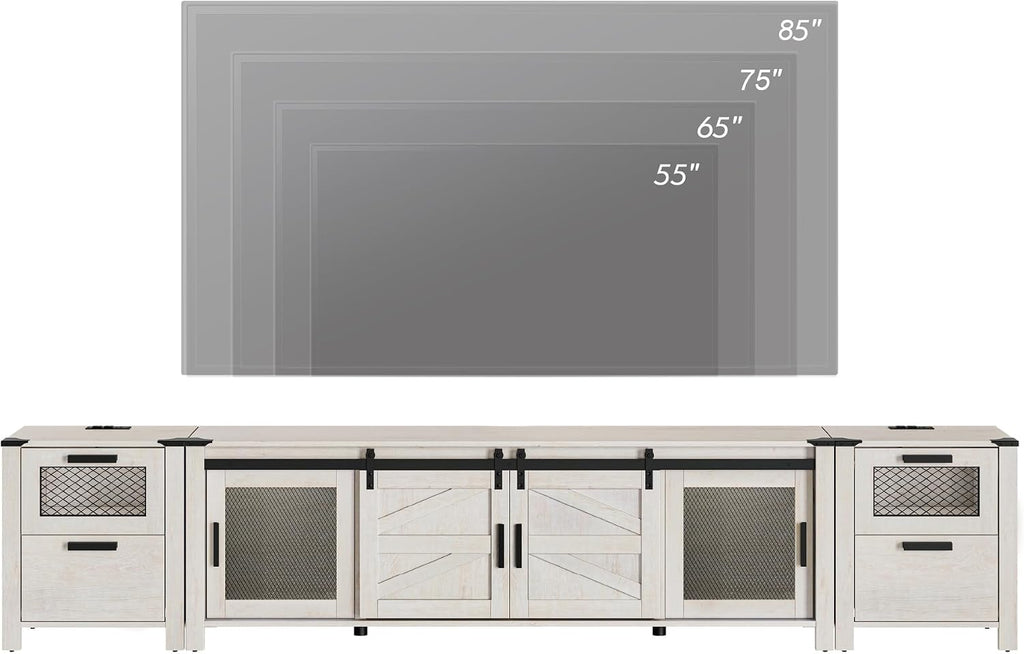 WAMPAT TV Stand Set for 85 inch TV with Charging Station, 3 in 1 Wood Entertainment Center TV Console Table for Living Room, Antique White