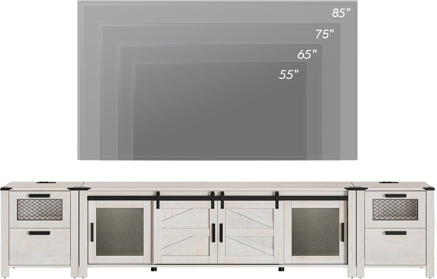 WAMPAT TV Stand Set for 85 inch TV with Charging Station, 3 in 1 Wood Entertainment Center TV Console Table for Living Room, Antique White