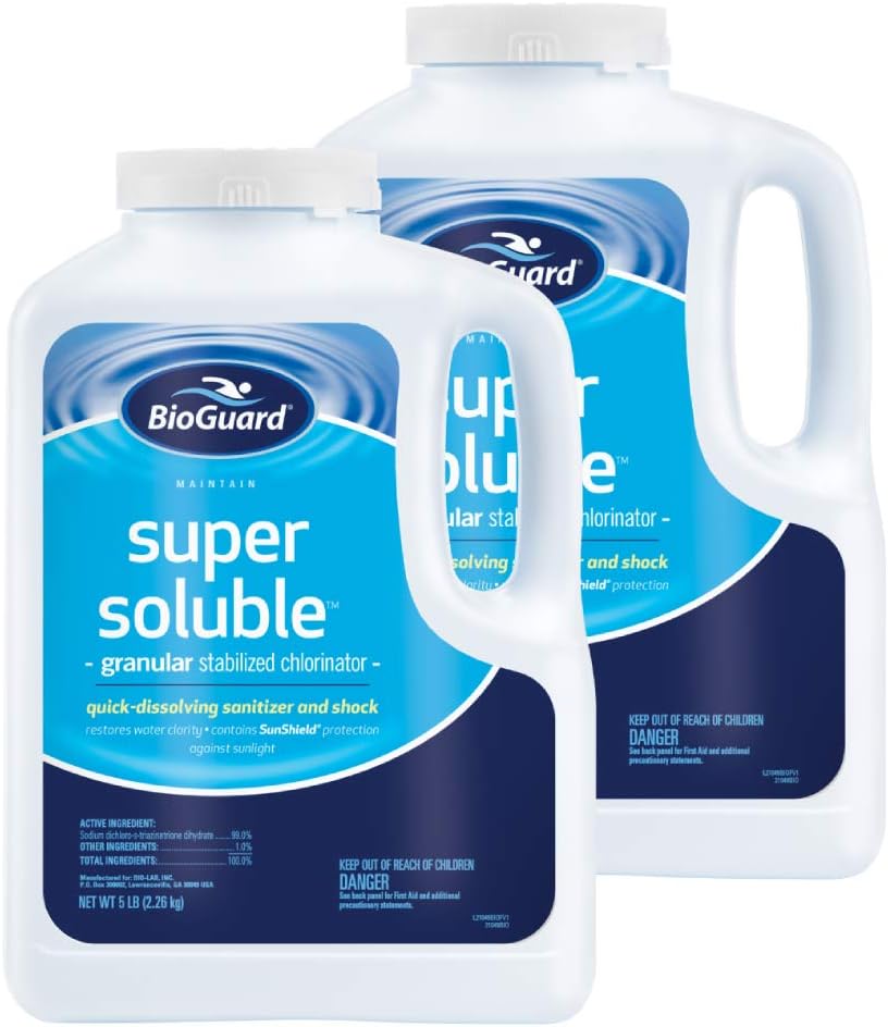 BioGuard Super Soluble Chlorine, 5 lb, Pack of 2, Granular Stabilized Chlorinator, Quick-Dissolving, Restores Water Clarity & Contains Sunshield Protection