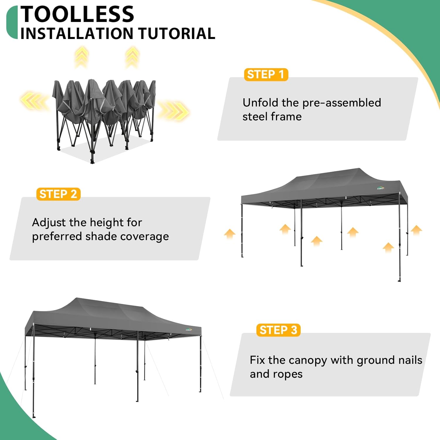COBIZI 10x20 Heavy Duty Pop Up Canopy Tent with 6 Sidewalls Thicken Frame, Commercial Easy Up Outdoor Wedding Party Tents, All Season Waterproof Windproof with Stakes Sandbags Ropes Roller Bag, Gray