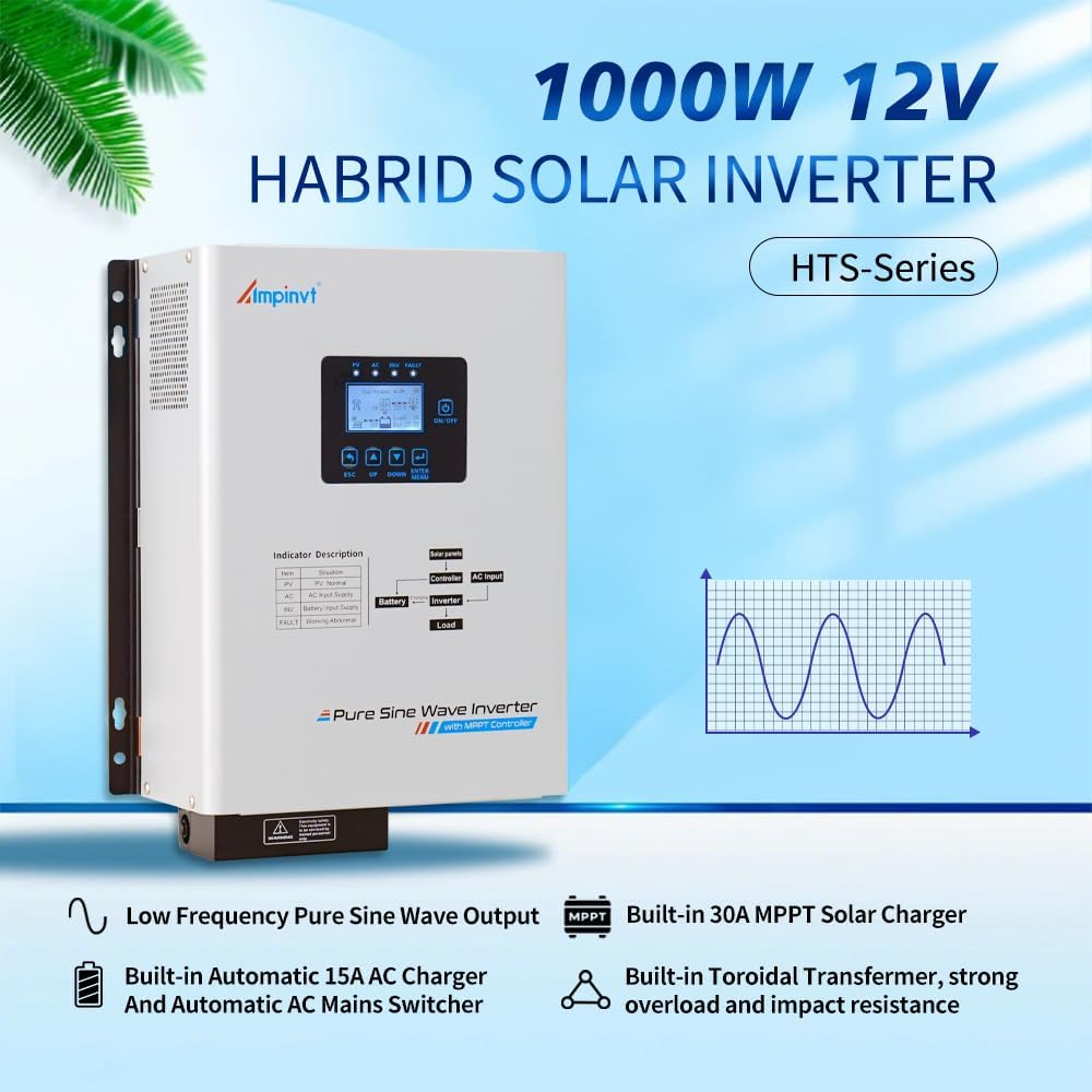 Ampinvt 1000W Low Frequency Pure sine Wave Solar Inverter, 12V DC to 120V AC with 30A MPPT Solar Controller & 15A Battery AC Charger, Compatible with Lifepo4 Battery for Home Backup,Off-Grid Living