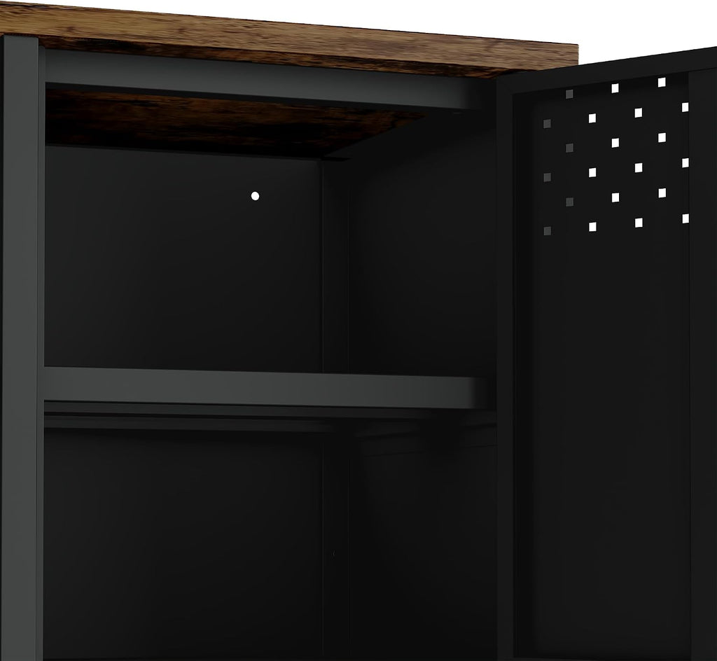 Manhattan Comfort Landen 47' Modern Metal TV Stand with Storage Cabinets & Open Shelves, Holds Up to 40' Screen, TV Console with Natural Wood Top, Cable Management, Adjustable Legs, Black