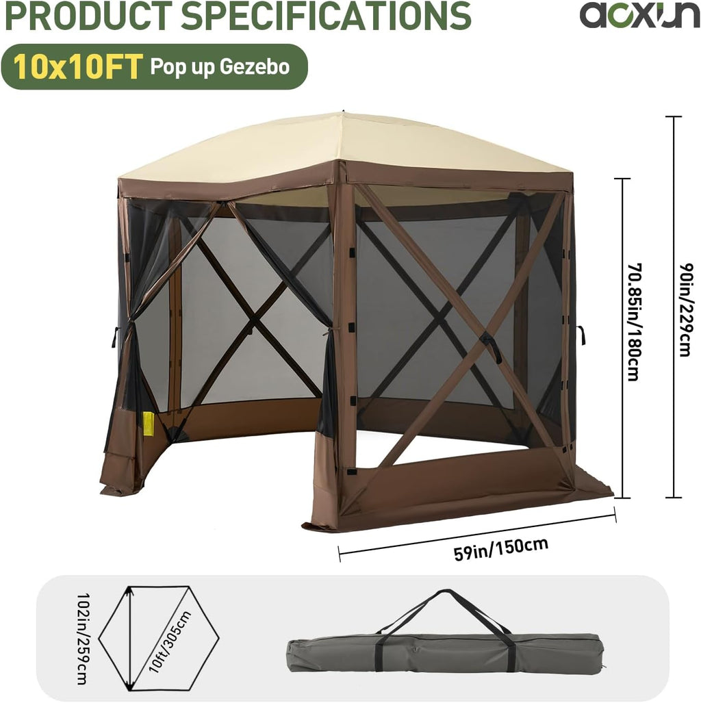 Aoxun 10x10FT Pop Up Canopy Tent, 6-Sided Pop-up Gazebo Screen Tent with Mesh Windows, Outdoor Canopy Shelter Tent with Carrying Bag, Large Shade Tents for Camping, Backyard, Patio, Lawn, Brown