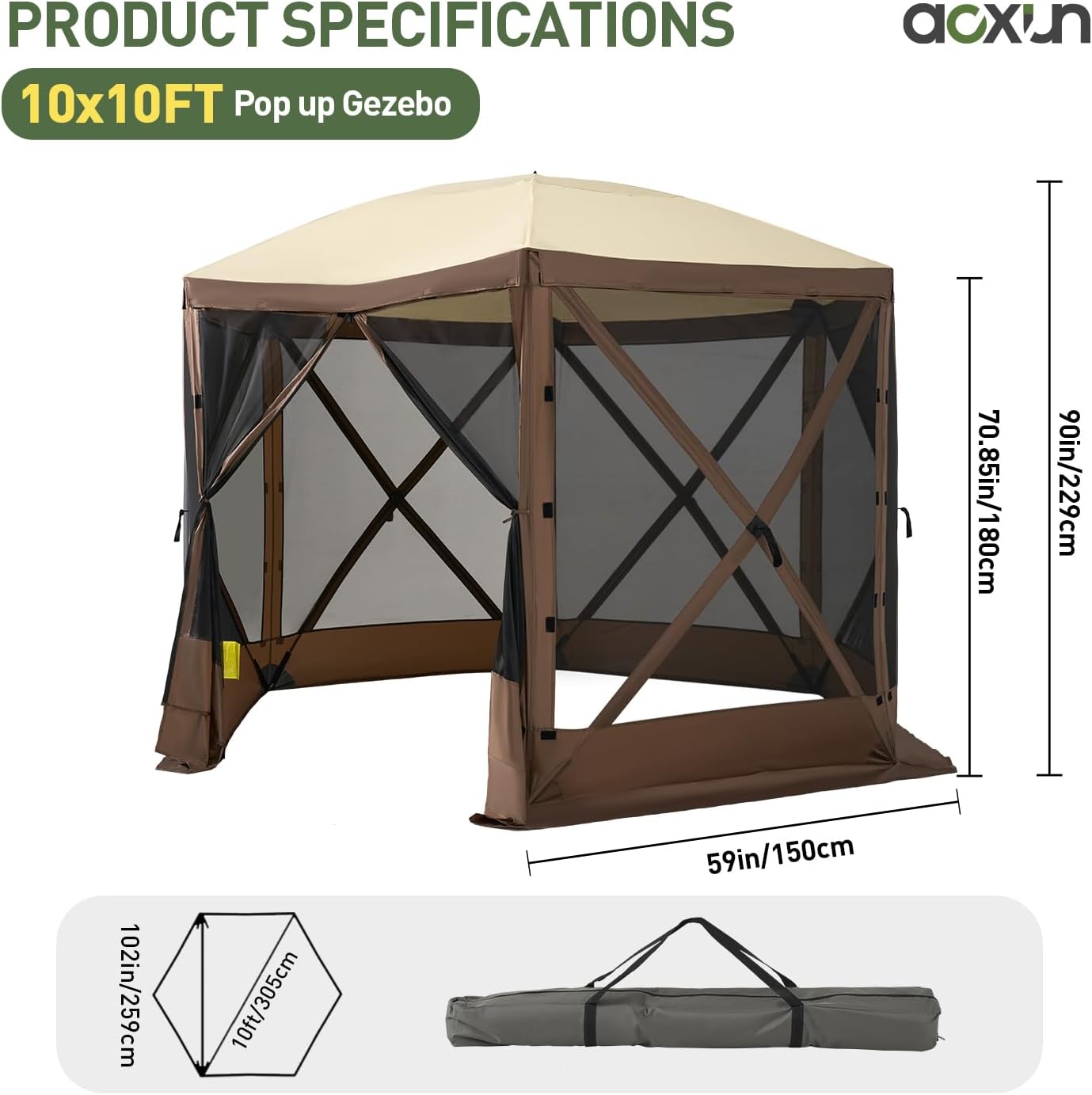 Aoxun 10x10FT Pop Up Canopy Tent, 6-Sided Pop-up Gazebo Screen Tent with Mesh Windows, Outdoor Canopy Shelter Tent with Carrying Bag, Large Shade Tents for Camping, Backyard, Patio, Lawn, Brown