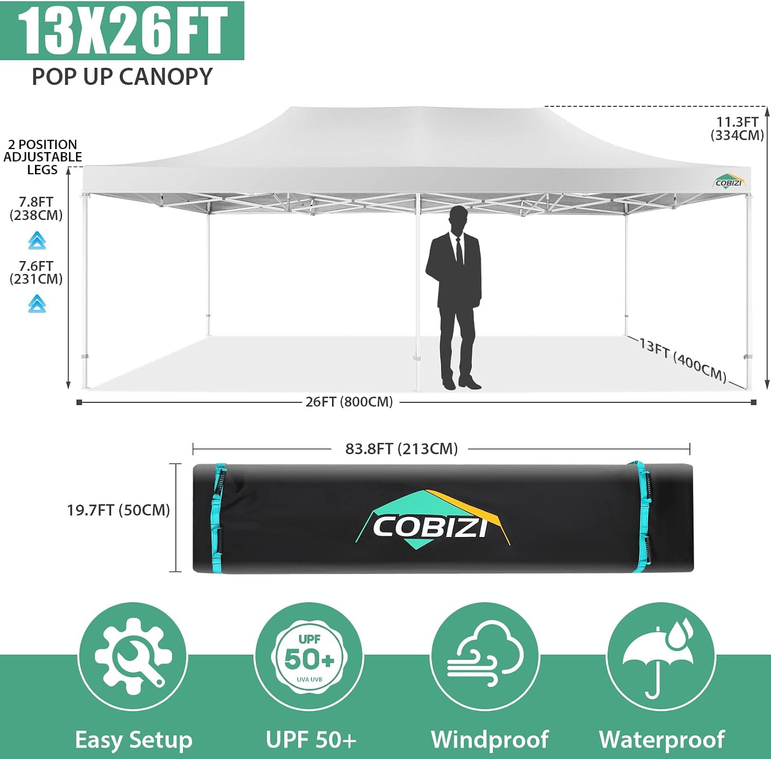 COBIZI 13x26 Pop Up Canopy with 6 Removable Sidewalls Heavy Duty Canopy Party Tents for Parties, Outdoor Wedding Large Event Tent Wind Waterproof UPF 50+ Easy Up in Garden Lawn with Roller Bag, White