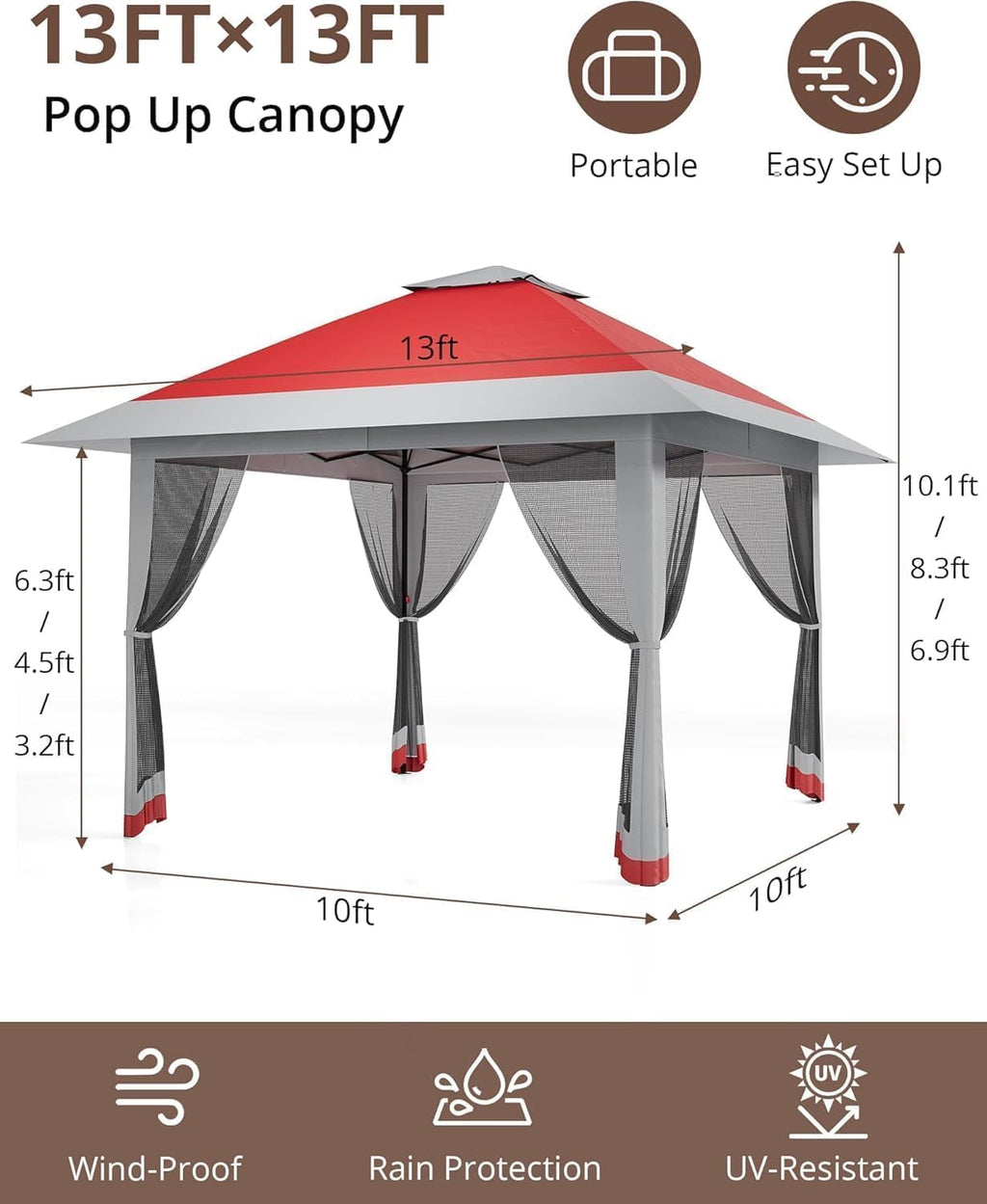 13x13FT Pop-Up Gazebo, Instant Canopy Gazebo with Mosquito Net & Double Roof, Adjustable Height Canopy Tent, UV-Resistant Outdoor Shelter for Patio, Backyard, Garden, and Camping