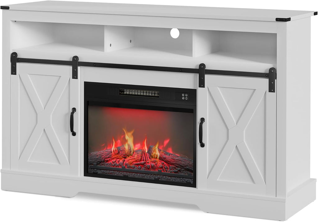 RoyalCraft Fireplace TV Stand for 65+ Inch TV, 34' Tall Farmhouse Entertainment Center with 23' Electric Fireplace,Rustic Media Console with Sliding Bar Door for Living Room, White