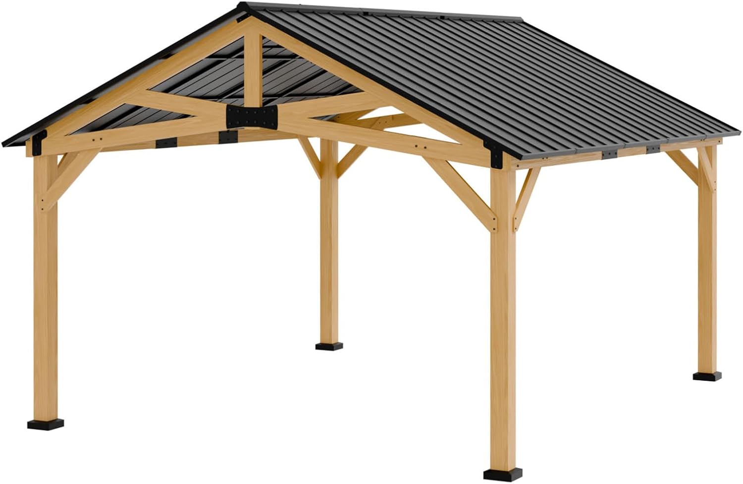13x15 Hardtop Gazebo, Galvanized Steel Gable Roof Exposed Beam A-Frame Outdoor Pavilion with Cedar Wood Frame, Patio Gazebo for Deck, Garden, Lawn, Natural Wood/Black