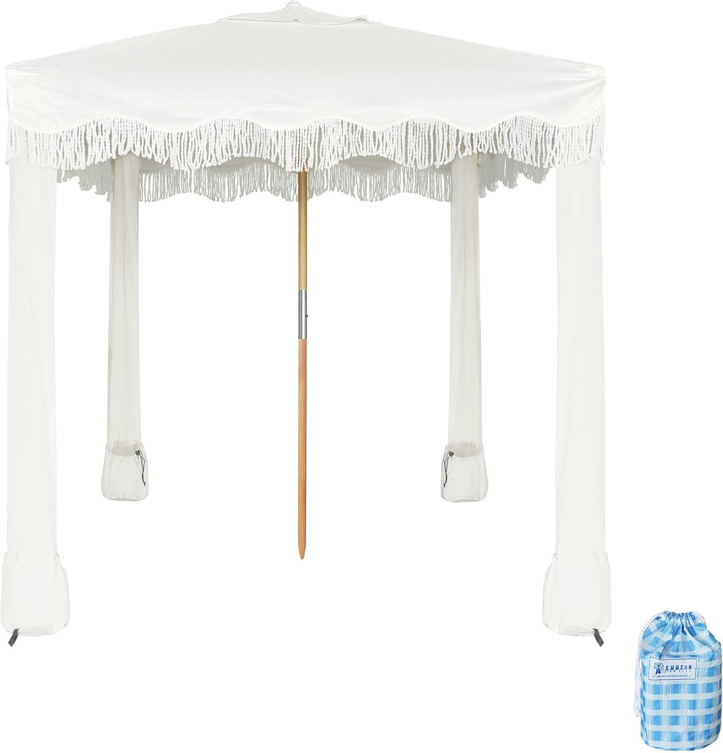 AMMSUN Beach Cabana with Beach Blanket, 7' x 7' Boho Canopy with Tassels, Premium Wood Pole, Fringe Cabana Tent with Sand Pockets, Instant Sun Shade for Sand, Garden, Outdoor, Elegant White