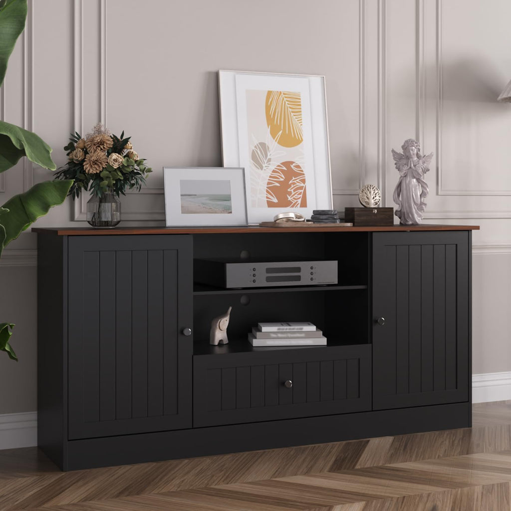 Furnify Farmhouse TV Stand for TVs up to 70 Inch, 63 Inch Entertainment Center with Storage Drawer and Open Shelves, Modern Media Console for Living Room, Bedroom, Black